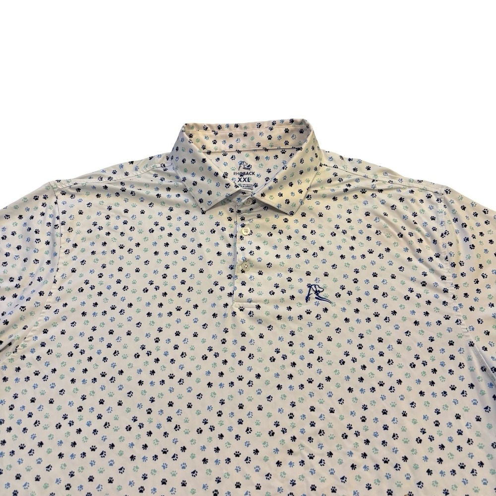 Rhoback Mens XXL Performance‎ Polo Shirt White Blue Paw Print Short Sleeve Golf